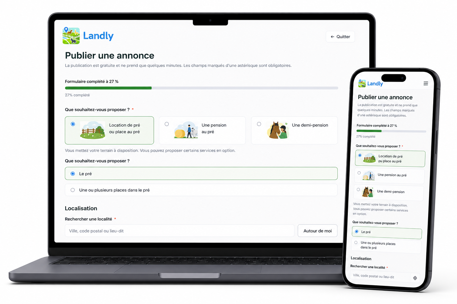 Aperçu du formulaire de publication d'une pension au pré sur Landly