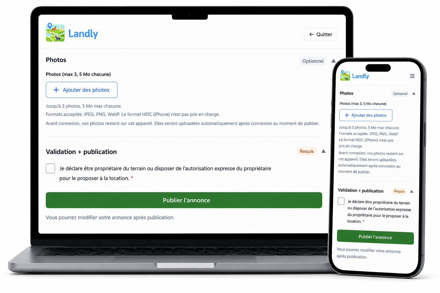 Ajout des photos et publication d’une annonce de pension au pré sur Landly
